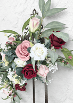 Artificial wedding arbor flower close-up with blush, burgundy and white faux roses and eucalyptus. Made in Melbourne by Flowers For Ever After, shipping Australia and Worldwide.