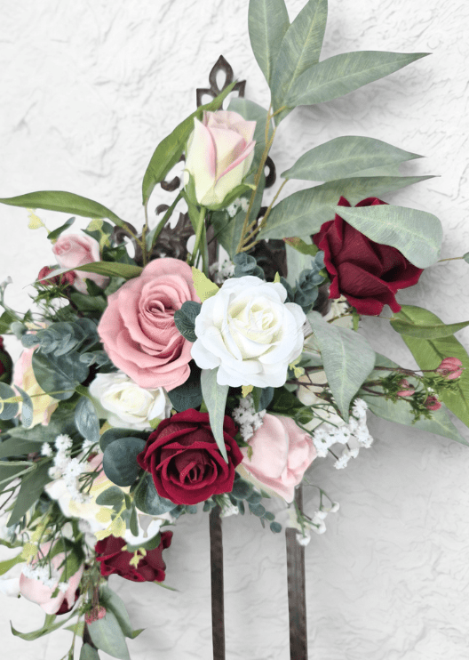 Artificial wedding arbor flower close-up with blush, burgundy and white faux roses and eucalyptus. Made in Melbourne by Flowers For Ever After, shipping Australia and Worldwide.