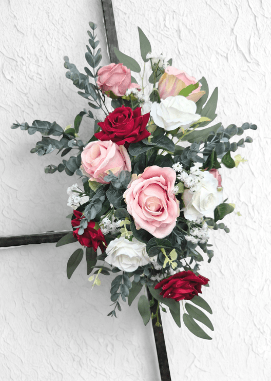 Artificial wedding smaller arbor spray with burgundy, blush and white faux roses, tiny white flowers and eucalyptus. Made in Melbourne by Flowers For Ever After, shipping Australia and Worldwide.