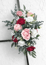 Artificial wedding smaller arbor spray with burgundy, blush and white faux roses, tiny white flowers and eucalyptus. Made in Melbourne by Flowers For Ever After, shipping Australia and Worldwide.