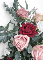 Artificial wedding arbor flower close-up with a burgundy faux rose, blush roses and rounded eucalyptus leaves. Made in Melbourne by Flowers For Ever After, shipping Australia and Worldwide.