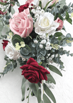 Artificial wedding arbor flower detail with blush, white and burgundy faux roses, tiny white flowers and eucalyptus. Made in Melbourne by Flowers For Ever After, shipping Australia and Worldwide.