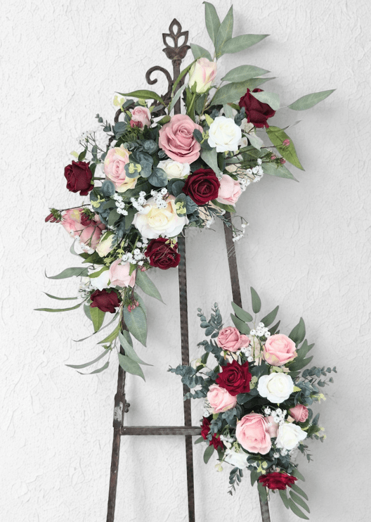 Artificial wedding arbor floral set with two sprays of burgundy, blush and white faux roses, tiny white flowers and eucalyptus. Made in Melbourne by Flowers For Ever After, shipping Australia and Worldwide.