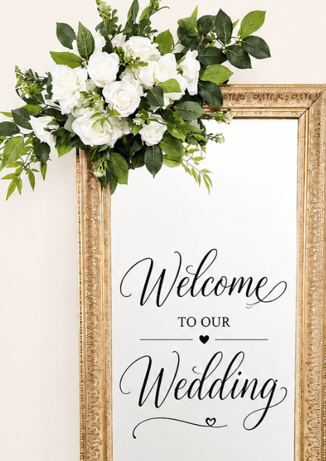 Artificial wedding welcome-sign floral spray with white faux roses, layered blooms, small buds and green foliage. Made in Melbourne by Flowers For Ever After, shipping Australia and Worldwide.