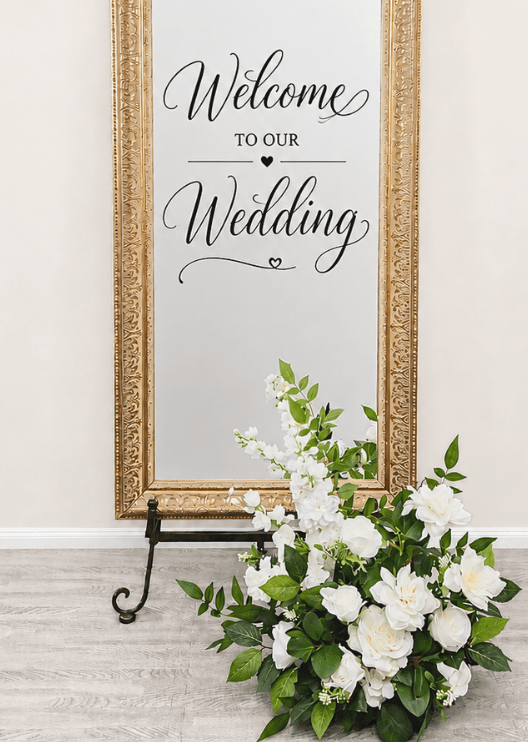 Artificial wedding floor arrangement beside a welcome sign, with white faux roses, open blooms, tall white flower spikes and green leaves. Made in Melbourne by Flowers For Ever After, shipping Australia and Worldwide.