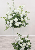 Artificial wedding pedestal and floor floral set with white faux roses, layered blooms, tall white flower spikes and green leaves. Made in Melbourne by Flowers For Ever After, shipping Australia and Worldwide.