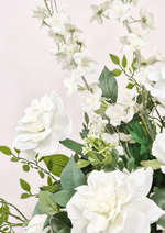 Artificial wedding pedestal flower detail showing tall white faux flower spikes, roses, layered blooms and green leaves. Made in Melbourne by Flowers For Ever After, shipping Australia and Worldwide.