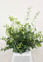 Artificial wedding pedestal arrangement, reverse view of tall white faux flower spikes and layered green foliage. Made in Melbourne by Flowers For Ever After, shipping Australia and Worldwide.