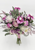 Artificial wedding bridesmaid bouquet with mauve faux roses, purple flowers, white spiky blooms, orchids and eucalyptus. Made in Melbourne by Flowers For Ever After, shipping Australia and Worldwide.