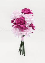 Artificial wedding bridesmaid posy with magenta and pale pink faux roses, green stems and a pale pink ribbon-wrapped handle. Made in Melbourne by Flowers For Ever After, shipping Australia and Worldwide.