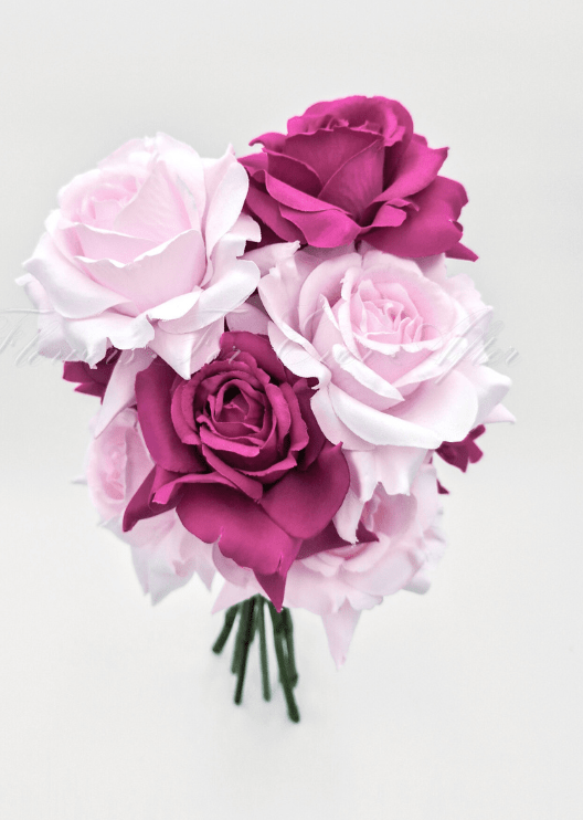 Artificial wedding bridesmaid posy, top view of magenta and pale pink faux roses. Made in Melbourne by Flowers For Ever After, shipping Australia and Worldwide.