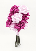 Artificial wedding bridal bouquet, reverse view of magenta and pale pink faux roses with a pale pink wrapped handle. Made in Melbourne by Flowers For Ever After, shipping Australia and Worldwide.