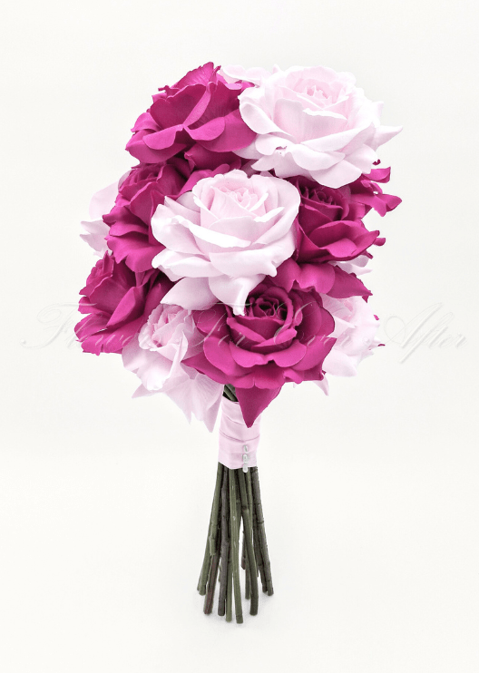 Artificial wedding bridal bouquet, reverse view of magenta and pale pink faux roses with a pale pink wrapped handle. Made in Melbourne by Flowers For Ever After, shipping Australia and Worldwide.