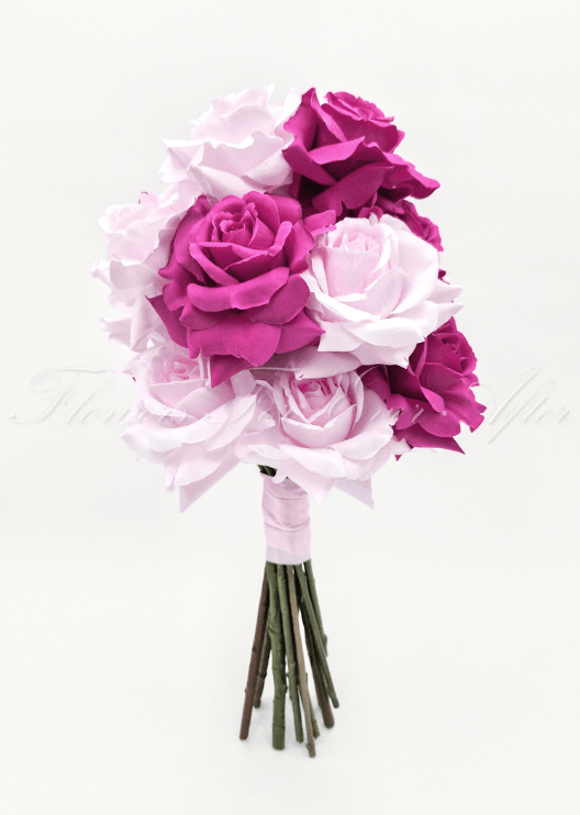 Artificial wedding bridal bouquet with magenta and pale pink faux roses, exposed green stems and a pale pink wrapped handle. Made in Melbourne by Flowers For Ever After, shipping Australia and Worldwide.