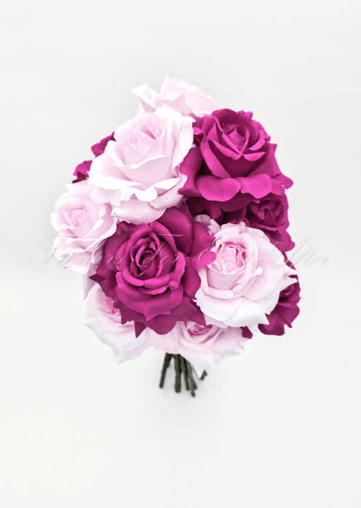 Artificial wedding bridal bouquet, top view of magenta and pale pink faux roses. Made in Melbourne by Flowers For Ever After, shipping Australia and Worldwide.