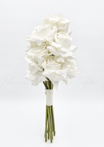 Artificial wedding rose posy, reverse view of white faux roses and an ivory-wrapped handle. Made in Melbourne by Flowers For Ever After, shipping Australia and Worldwide.