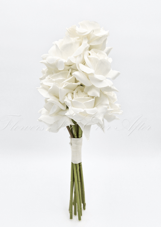 Artificial wedding rose posy, reverse view of white faux roses and an ivory-wrapped handle. Made in Melbourne by Flowers For Ever After, shipping Australia and Worldwide.