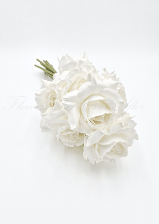 Artificial wedding rose posy, top view of clustered white faux roses. Made in Melbourne by Flowers For Ever After, shipping Australia and Worldwide.