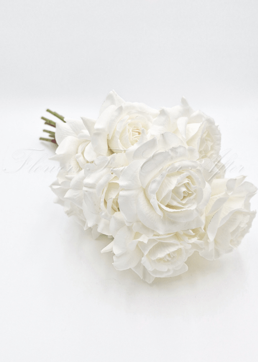 Artificial wedding rose posy, angled view of white faux roses and green stems. Made in Melbourne by Flowers For Ever After, shipping Australia and Worldwide.