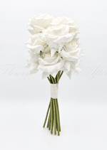 Artificial wedding rose posy, angled view of white faux roses with an ivory-wrapped handle and green stems. Made in Melbourne by Flowers For Ever After, shipping Australia and Worldwide.