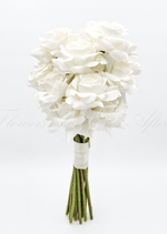Artificial wedding rose posy with white faux roses, exposed green stems and an ivory ribbon-wrapped handle. Made in Melbourne by Flowers For Ever After, shipping Australia and Worldwide.