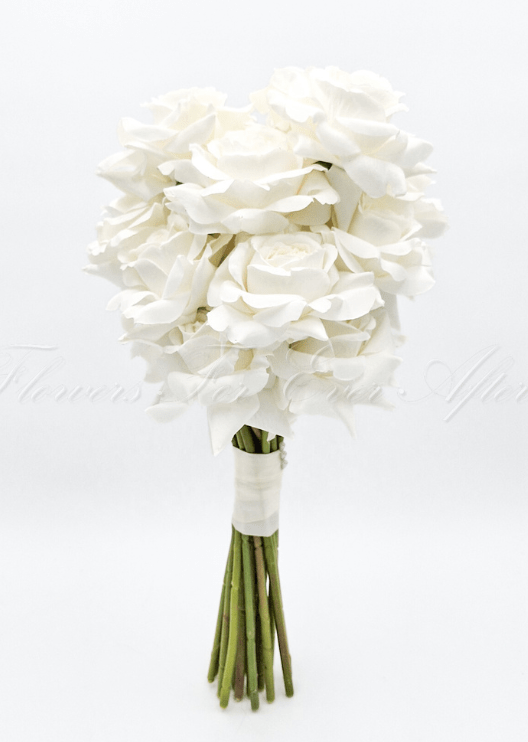 Artificial wedding rose posy with white faux roses, exposed green stems and an ivory ribbon-wrapped handle. Made in Melbourne by Flowers For Ever After, shipping Australia and Worldwide.