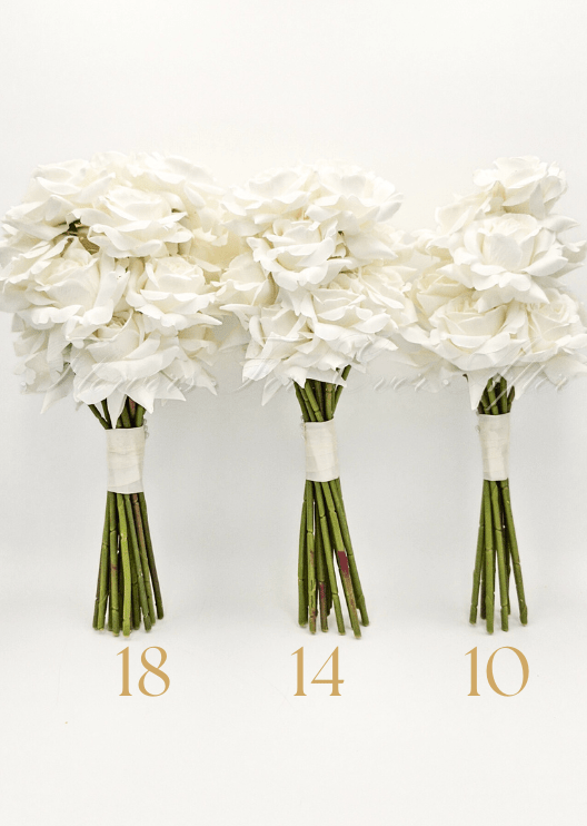 Artificial wedding bouquet size comparison showing white faux rose posies labelled 18, 14 and 10, with wrapped handles and green stems. Made in Melbourne by Flowers For Ever After, shipping Australia and Worldwide.