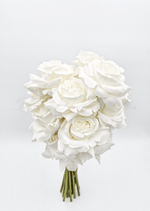 Artificial wedding rose posy, top view of clustered white faux roses. Made in Melbourne by Flowers For Ever After, shipping Australia and Worldwide.