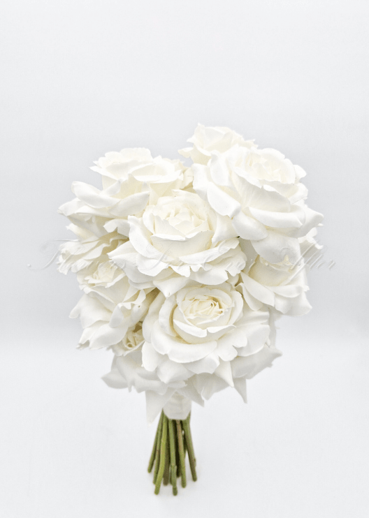 Artificial wedding rose posy, top view of clustered white faux roses. Made in Melbourne by Flowers For Ever After, shipping Australia and Worldwide.
