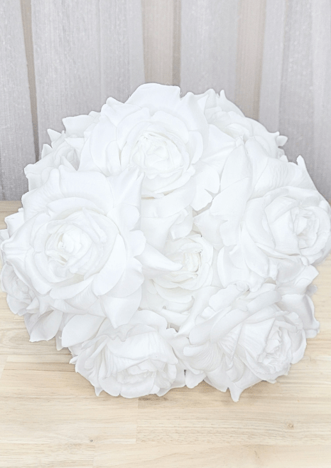 Artificial wedding bouquet, overhead view of densely clustered white faux roses with layered petals. Made in Melbourne by Flowers For Ever After, shipping Australia and Worldwide.