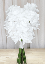 Artificial wedding bridal bouquet, angled view of white faux roses and green stems with white ribbon wrapping. Made in Melbourne by Flowers For Ever After, shipping Australia and Worldwide.