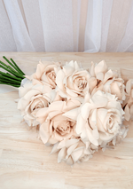 Artificial wedding bouquet, overhead view of clustered beige-blush faux roses and layered petals. Made in Melbourne by Flowers For Ever After, shipping Australia and Worldwide.
