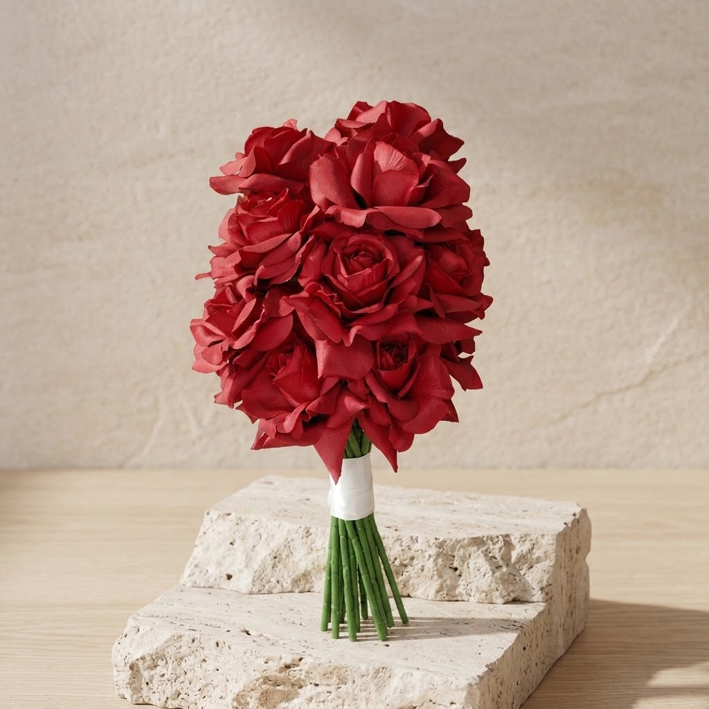 Artificial wedding bouquet, front view of clustered red faux roses and white-wrapped green stems. Made in Melbourne by Flowers For Ever After, shipping Australia and Worldwide.