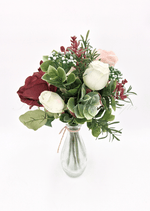 Artificial wedding floral arrangement close-up showing faux flower petals and green foliage. Made in Melbourne by Flowers For Ever After, shipping Australia and Worldwide.