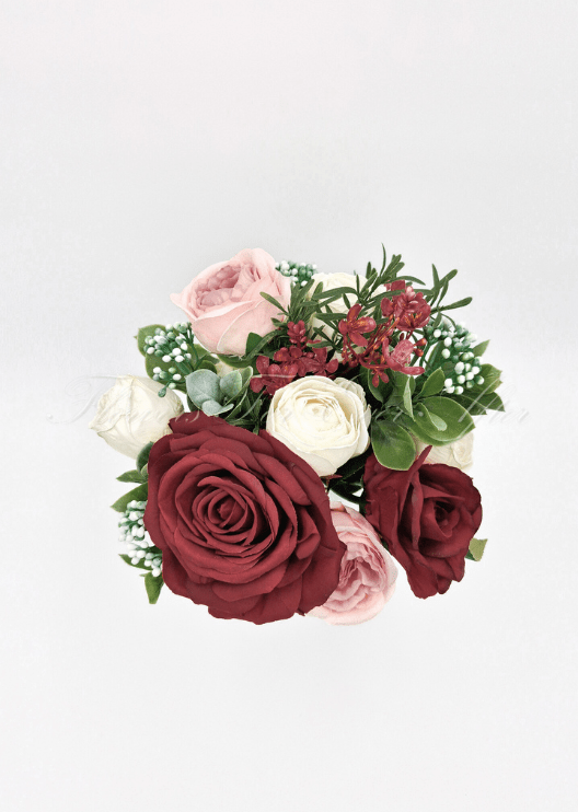 Artificial wedding floral arrangement, angled view of mixed faux flowers and greenery. Made in Melbourne by Flowers For Ever After, shipping Australia and Worldwide.