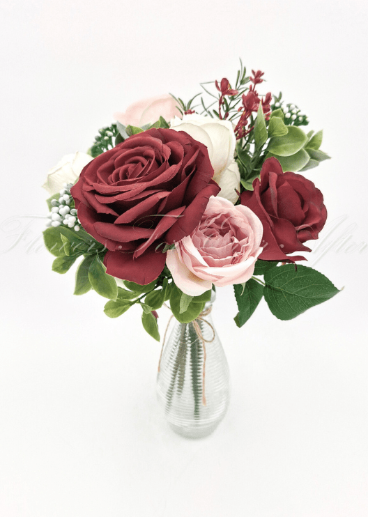 Artificial wedding floral arrangement with mixed faux blooms and green leaves. Made in Melbourne by Flowers For Ever After, shipping Australia and Worldwide.