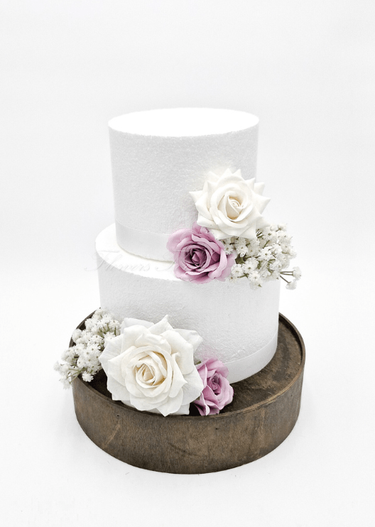 Artificial wedding cake decoration with faux flowers arranged in clusters across two tiers. For birthday, event and celebration cakes. Made in Melbourne by Flowers For Ever After, shipping Australia and Worldwide.