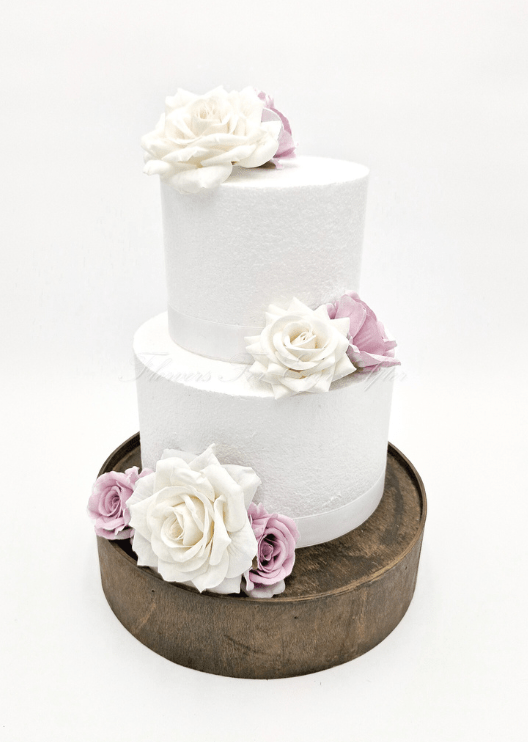 Artificial wedding cake flower set with faux roses and green leaves in separate clusters. For birthday, event and celebration cakes. Made in Melbourne by Flowers For Ever After, shipping Australia and Worldwide.