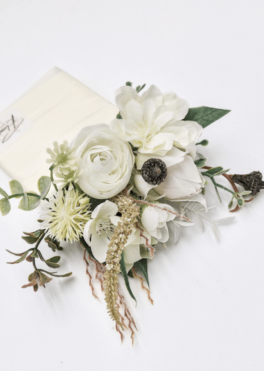 Artificial wedding cake flower pieces showing faux roses, small blooms and green foliage. For birthday, event and celebration cakes. Made in Melbourne by Flowers For Ever After, shipping Australia and Worldwide.
