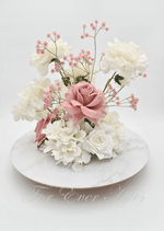 Artificial wedding centrepiece with dusty pink and white faux roses, cream blooms, white hydrangea and pink baby's breath. Made in Melbourne by Flowers For Ever After, shipping Australia and Worldwide.