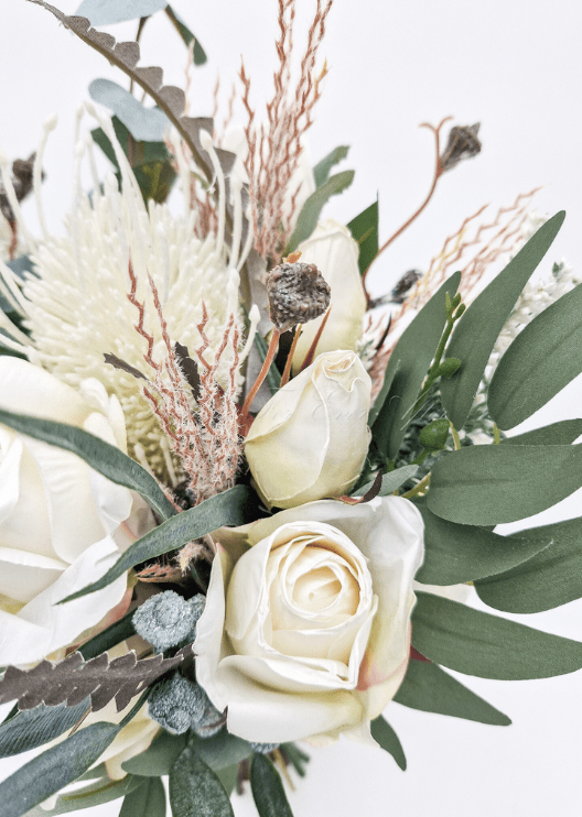 Artificial wedding cake flower set with faux roses and smaller blooms in separate clusters. For birthday, event and celebration cakes. Made in Melbourne by Flowers For Ever After, shipping Australia and Worldwide.