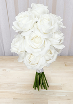 Artificial wedding bouquet, reverse view of white-ivory faux roses, layered petals and white-wrapped stems. Made in Melbourne by Flowers For Ever After, shipping Australia and Worldwide.