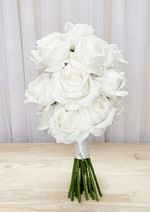 Artificial wedding bouquet, angled view of white-ivory faux roses and gathered green stems. Made in Melbourne by Flowers For Ever After, shipping Australia and Worldwide.