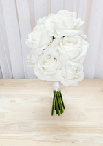Artificial wedding bridesmaid bouquet, angled view of clustered white-ivory faux roses and gathered stems. Made in Melbourne by Flowers For Ever After, shipping Australia and Worldwide.