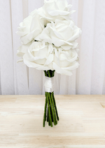 Artificial wedding bridesmaid bouquet with white-ivory faux roses and white-wrapped green stems. Made in Melbourne by Flowers For Ever After, shipping Australia and Worldwide.