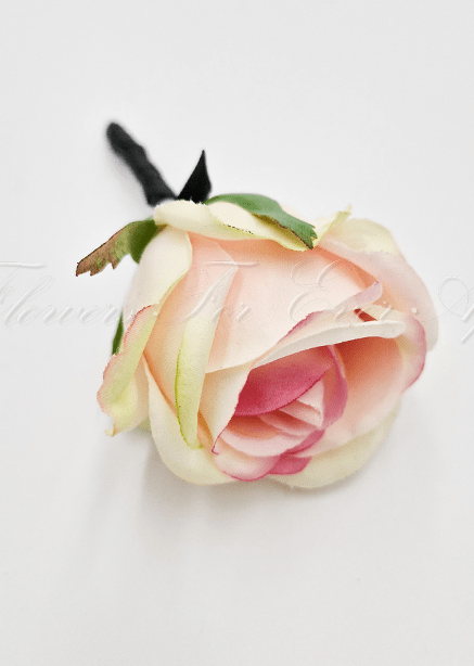 Artificial wedding boutonniere, top view of cream and pink faux roses and pale filler sprigs. For formals, proms and ball occasions. Made in Melbourne by Flowers For Ever After, shipping Australia and Worldwide.
