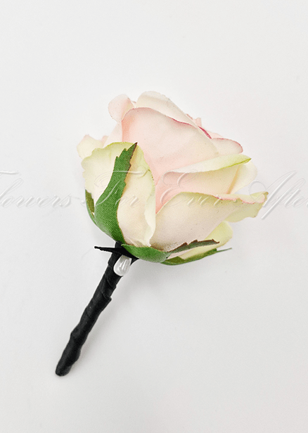 Artificial wedding boutonniere with cream and pink faux roses, pale sprigs and green leaves, with wrapped stems. For formals, proms and ball occasions. Made in Melbourne by Flowers For Ever After, shipping Australia and Worldwide.