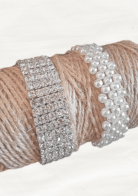 Artificial wedding corsage bracelet-base options for faux flowers, showing silver rhinestones and white pearl-style beads. For formals, proms and ball occasions. Made in Melbourne by Flowers For Ever After, shipping Australia and Worldwide.