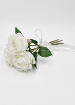 Artificial wedding bridal bouquet, angled view of mixed faux flowers, green leaves and wrapped stems. Made in Melbourne by Flowers For Ever After, shipping Australia and Worldwide.