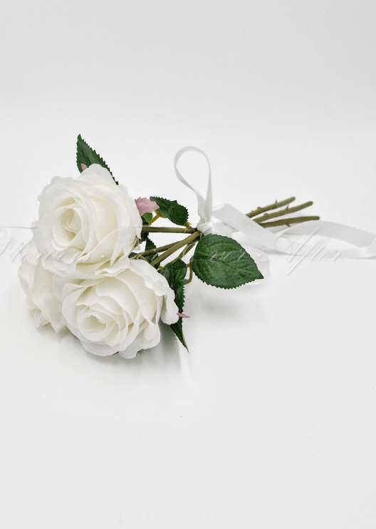Artificial wedding bridal bouquet, angled view of mixed faux flowers, green leaves and wrapped stems. Made in Melbourne by Flowers For Ever After, shipping Australia and Worldwide.